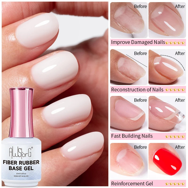 AWStorG Fiber Rubber Base Gel For Nails UV Gel Polish Semi Permanent Repair Fix Crack Nail Rubber Base Gel Strengthener 15ml