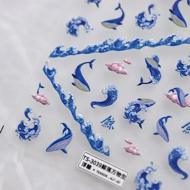 Goldfish Cavort Water Grass Lotus Flower Leaf Brocaded Carp Koi Ripple Droplet Water Bubbles 5D Nail Art Stickers Manicure Decal