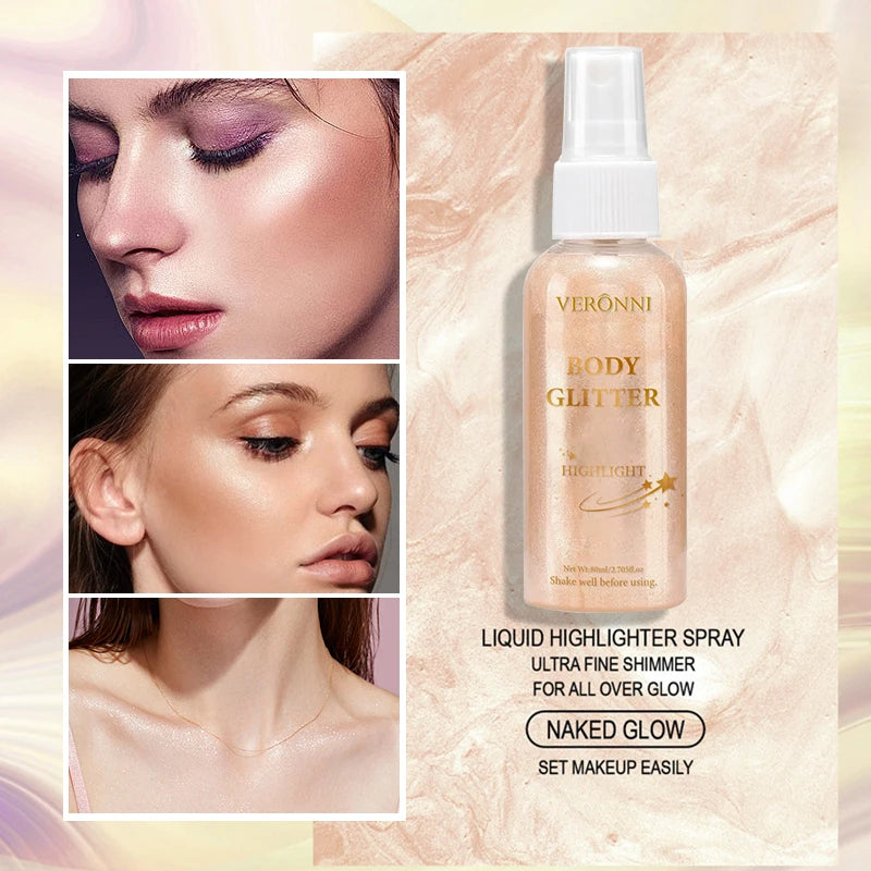 Liquid Body Highlighting Glow Shimmer Spray Cosmetic Waterproof Oil Lotion Makeup 4 Color High Gloss Glitter Spray for Face Body
