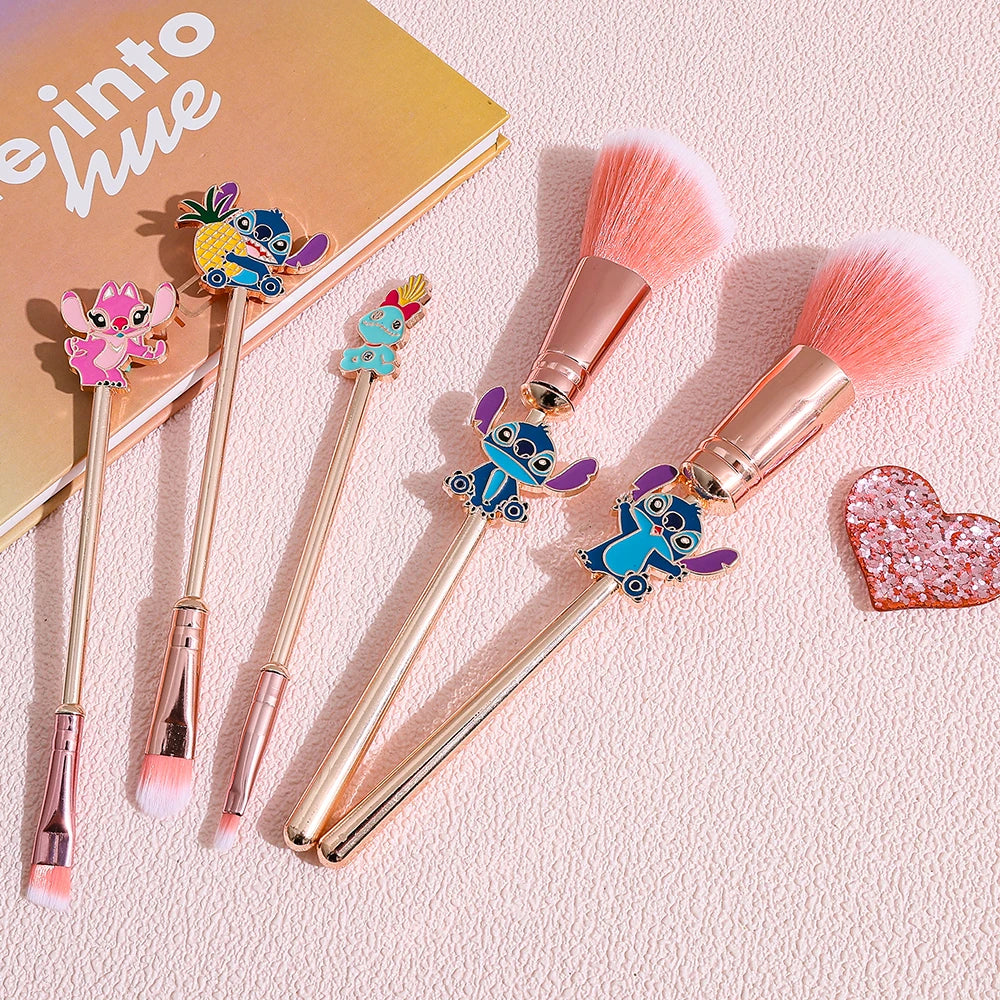 NEW 5PCS Disney Stitch Makeup Brush Set - Soft Fluffy Foundation Blush Cute Cosmetic Tools With Pouch Perfect Christmas Gift