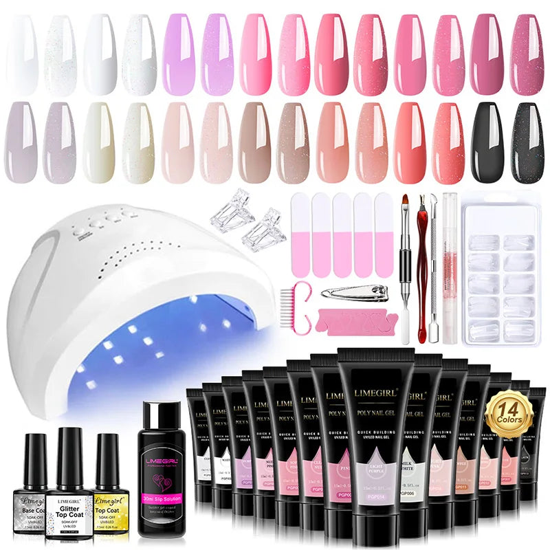 Poly Extension Gel Nail Kit 14 PCS 15ML Quick Building UV/LED Gel with Slip Solution and Nails Art Lamp for Beginner Manicure