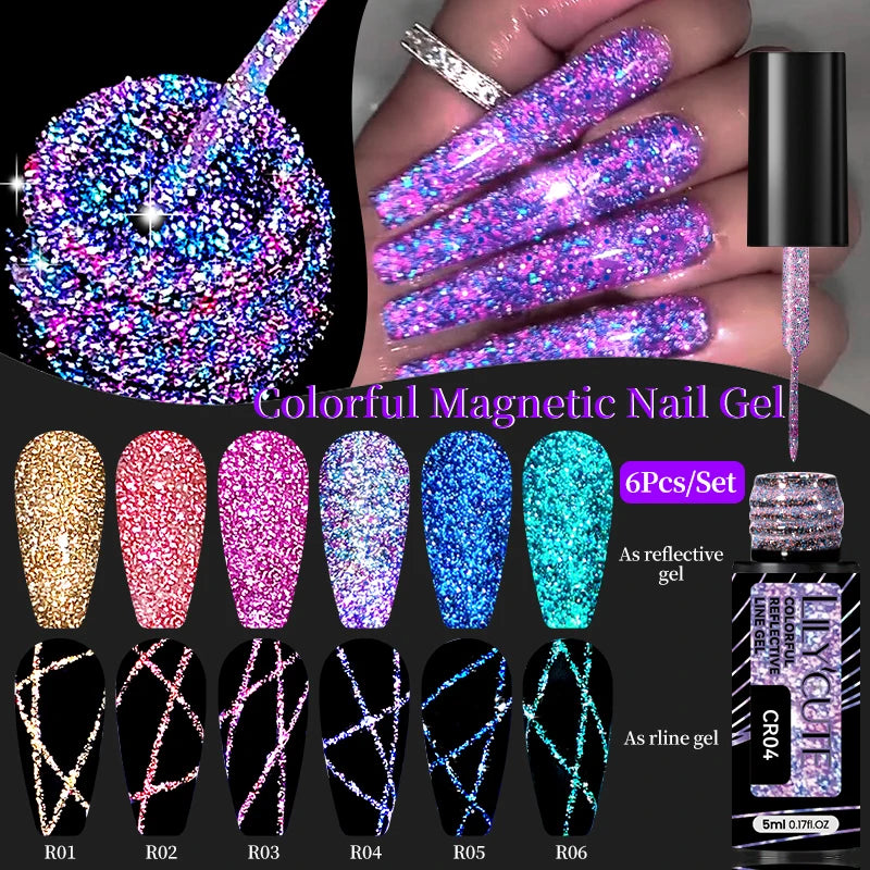 LILYCUTE 6Pcs/Set 5ml Reflective Glitter Liner Gel Polish Champagne Sparkling Lines Nail Art Painting Gel Semi Permanent UV Gel