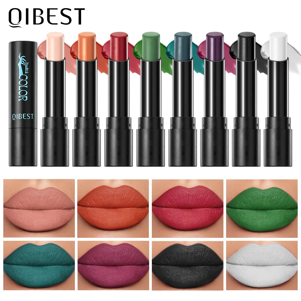 QIBEST Nude Velvet Matte Lipstick Long-lasting Highly Pigmented Lip Tint Not Stick Cups Red Green Orange Black White Lip Stain