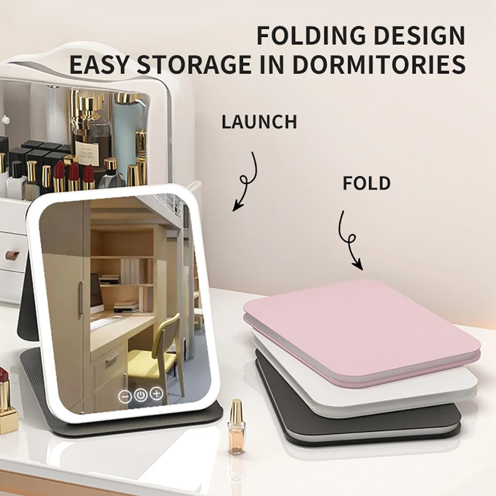 3-Color Dimmable LED Makeup Mirror with Touch Control Foldable Travel Mirror,Vanity Lighted Cosmetic Mirror for Home & Salon Use