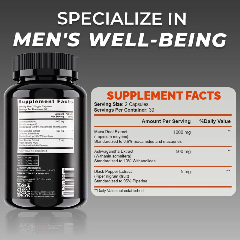 Organic Maca Root Powder Capsules 1500mg containing Maca Root Extract,Ashwagandha,Black Pepper, Supplements for Men