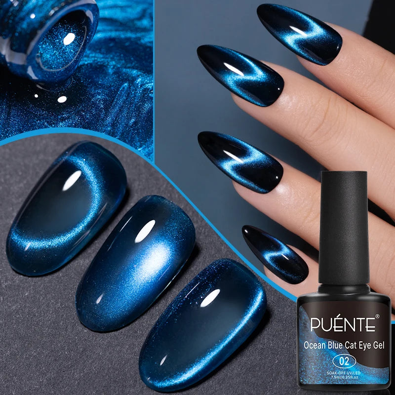 PUENTE 7.5ML Vibrant Blue Cat Eye Gel Nail Polish High Glossy Long-Lasting Soak Off UV Semi-Permanent Nail Art Varnish Manicure