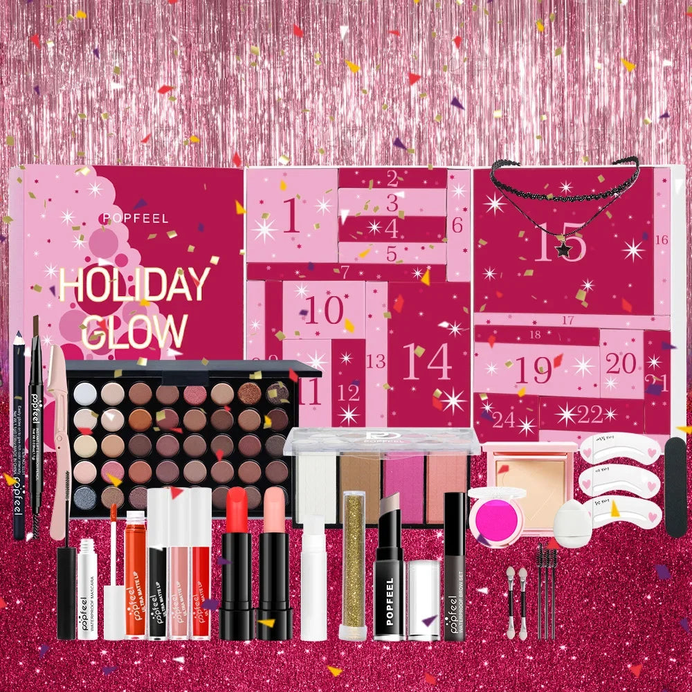 Christmas Countdown Makeup Set 24pcs Lipstick Blush Eye Shadow Cosmetics Holiday Beauty Advent Calendar Gift Box for Women Girls