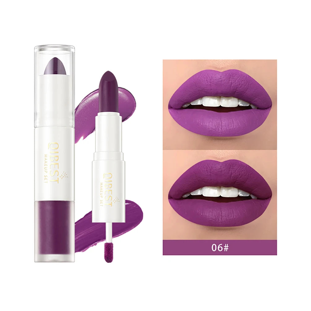 QIBEST 10 Colors 2 in 1 Matte Lipstick Lip Gloss Cosmetics Waterproof Double Head Red Purple Lipstick Long Lasting Lips Makeup