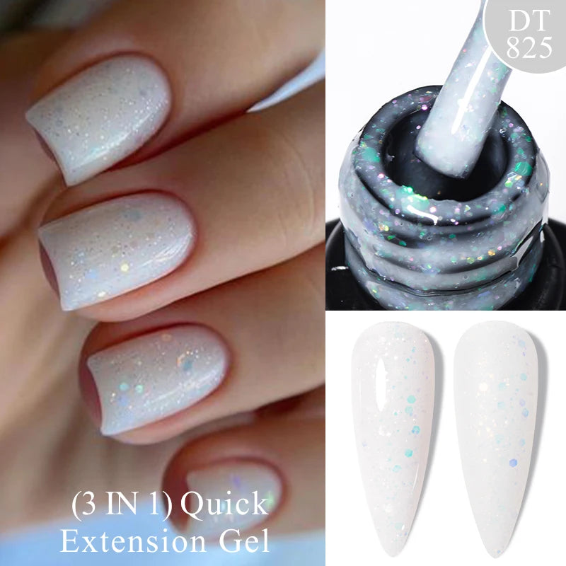 MEET ACROSS 7ml Gold Foil 3 In 1Quick Extension Gel Nail Polish Nude Pink Gold Milky White Glitter UV Gel Finger Prolong Varnish