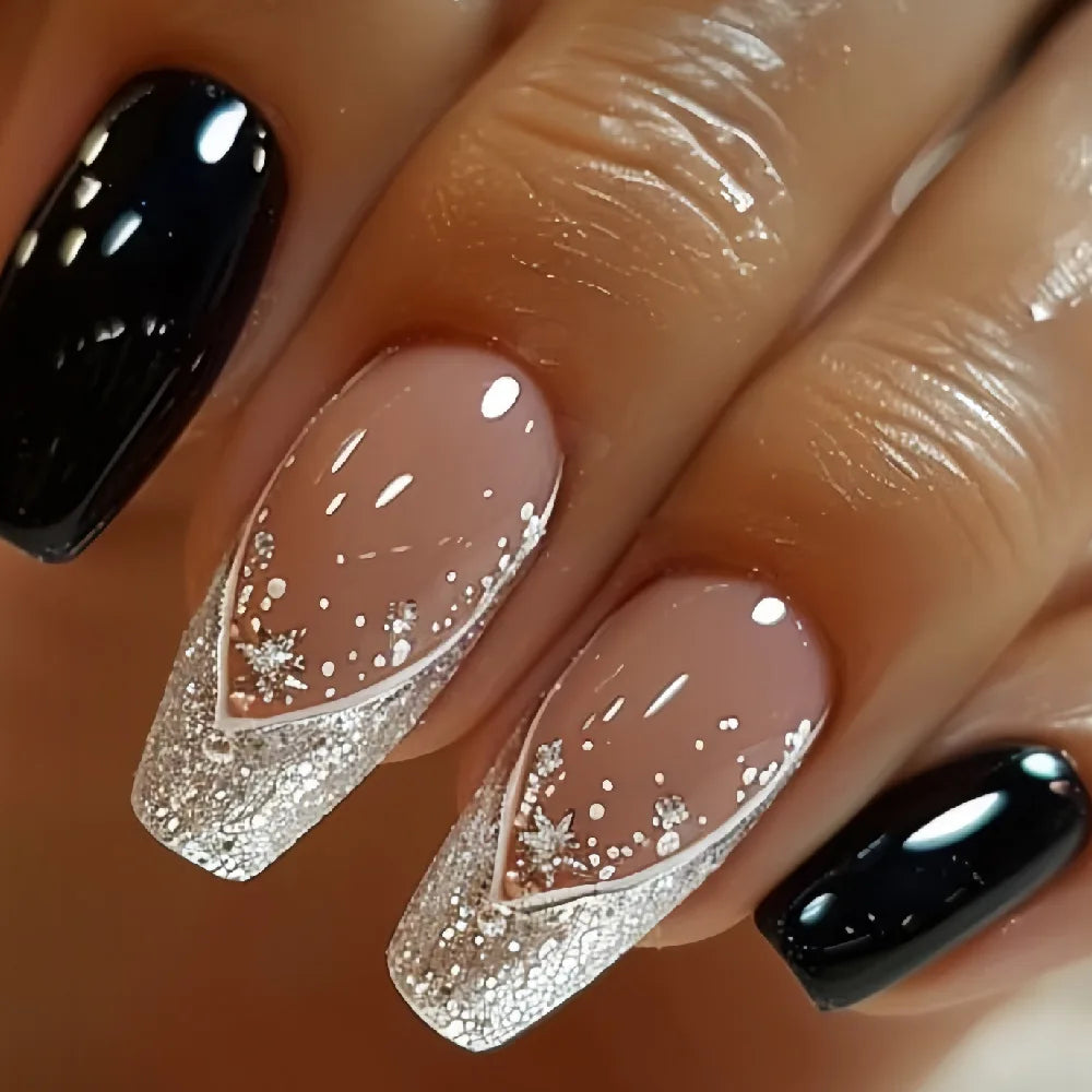 24Pcs Short False Nails with Shimmery Powder Ballet Nail Art Full Cover French Sheer Wearable Nail Manicure Tips for Girls Daily