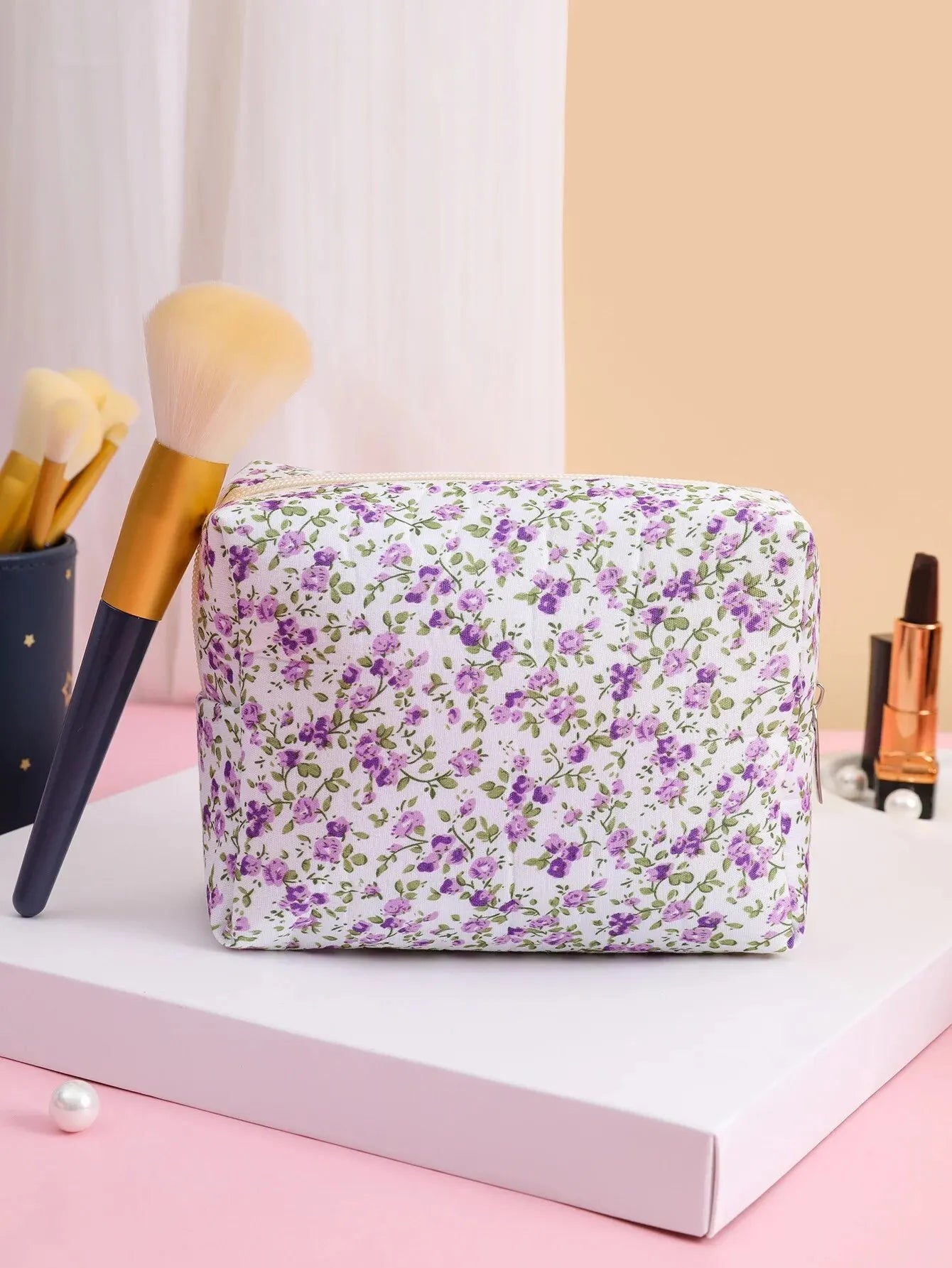 Storage Organizer Floral Puffy Quilted Makeups Bags Flower Printed Cosmetic Pouch Large Travel Cosmetics Bag Makeup Accessory