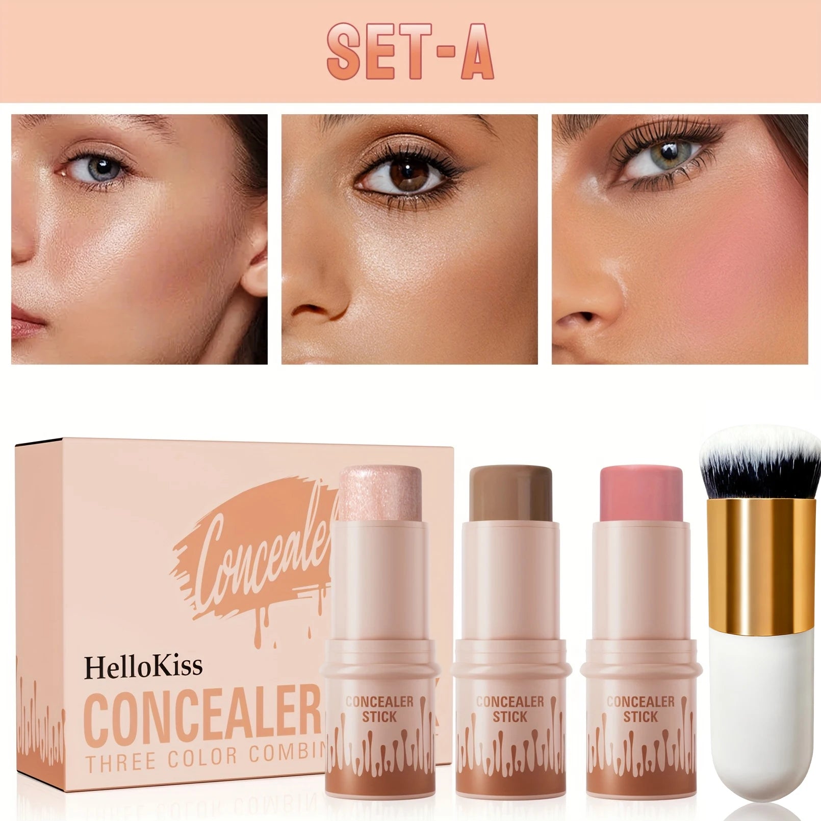 3pcs Concealer Sticks Set with Brush, Highlighter & Bronzer & Blush Sticks Brighten The Face, Waterproof Suitable for Christmas