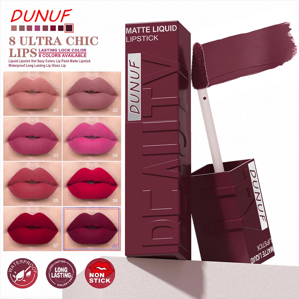 DUNUF 8-color matte velvet smooth easy-to-apply square tube lip gloss waterproof three-dimensional plumping lipstick