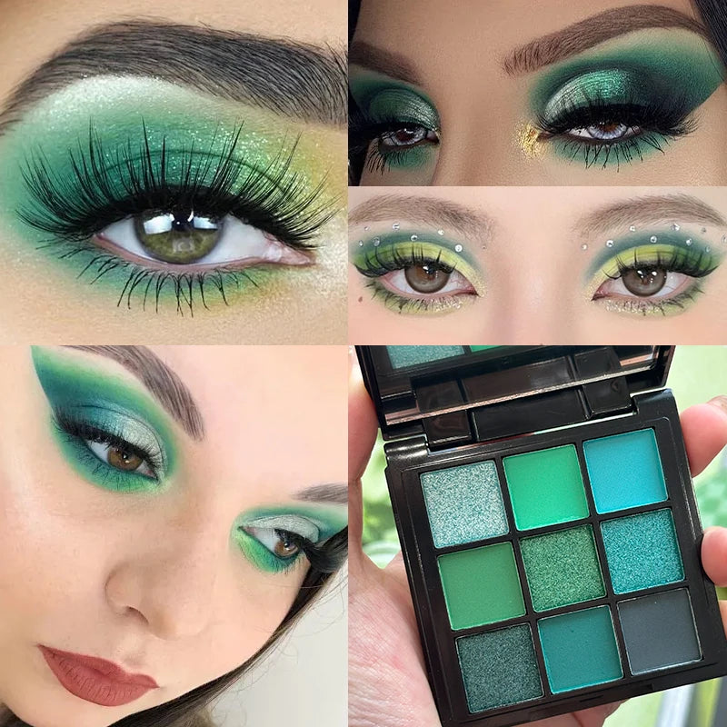 9 Colors Green Peacock Eyeshadow Palette, Pearly Glitter Sequins Finish Green Color Colorful Stage Makeup for For Music Festival