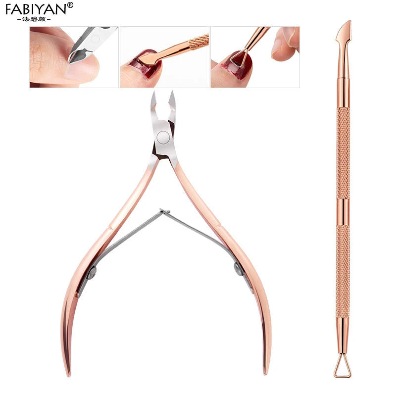 Stainless Steel Double Head Nail Art Dead Skin Pusher Cuticle Nipper Scissors Manicure Set Rose Gold UV Gel Remove 2/4Pcs/Set