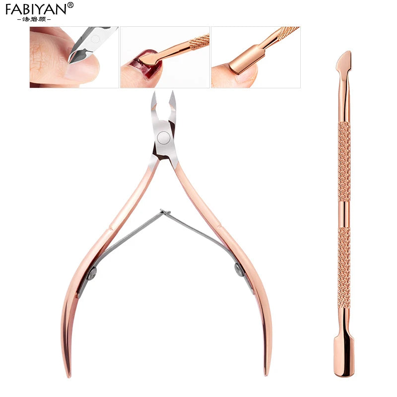 Stainless Steel Double Head Nail Art Dead Skin Pusher Cuticle Nipper Scissors Manicure Set Rose Gold UV Gel Remove 2/4Pcs/Set