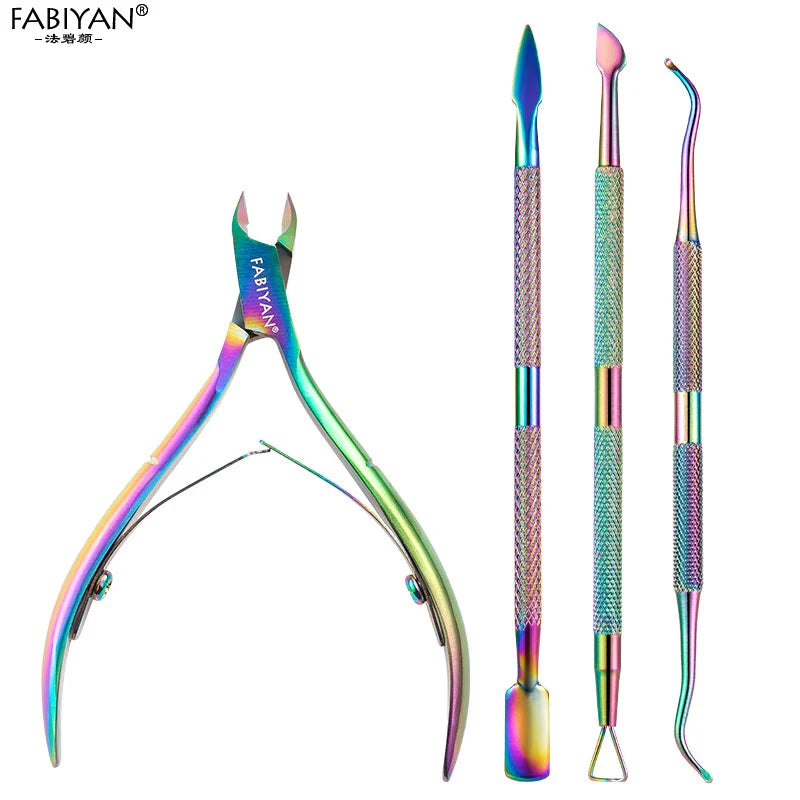 Stainless Steel Double Head Nail Art Dead Skin Pusher Cuticle Nipper Scissors Manicure Set Rose Gold UV Gel Remove 2/4Pcs/Set
