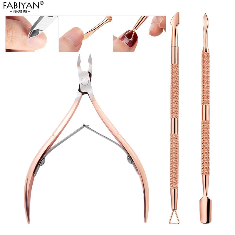 Stainless Steel Double Head Nail Art Dead Skin Pusher Cuticle Nipper Scissors Manicure Set Rose Gold UV Gel Remove 2/4Pcs/Set