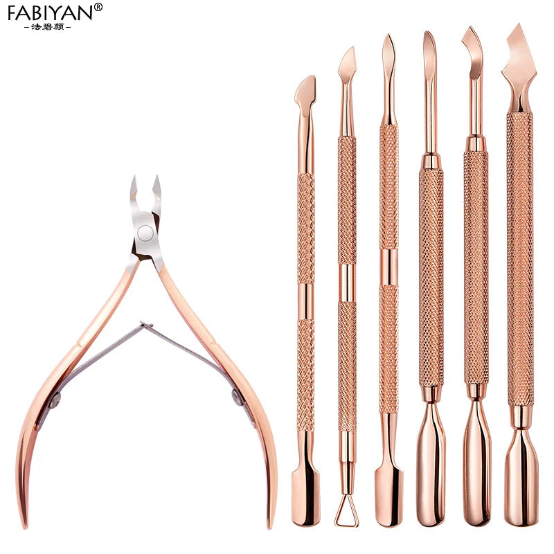 Stainless Steel Double Head Nail Art Dead Skin Pusher Cuticle Nipper Scissors Manicure Set Rose Gold UV Gel Remove 2/4Pcs/Set