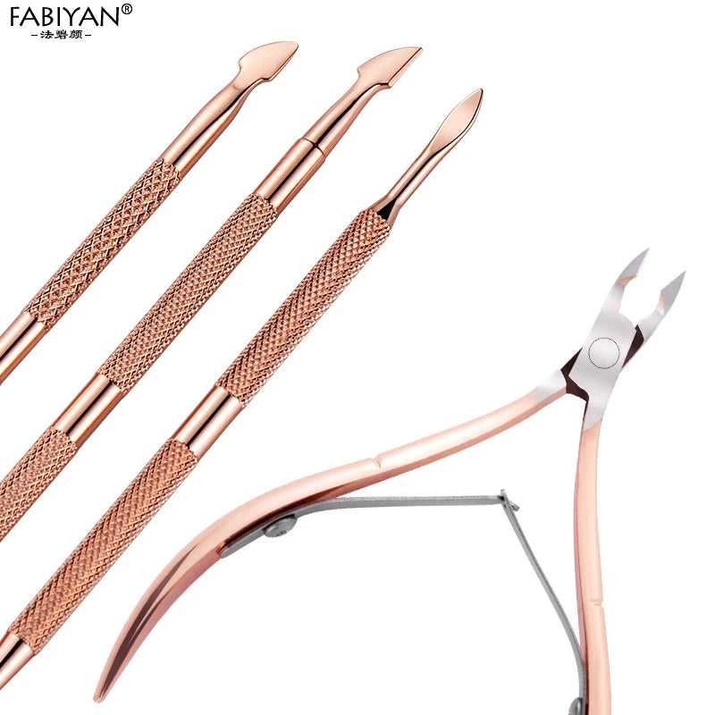 Stainless Steel Double Head Nail Art Dead Skin Pusher Cuticle Nipper Scissors Manicure Set Rose Gold UV Gel Remove 2/4Pcs/Set