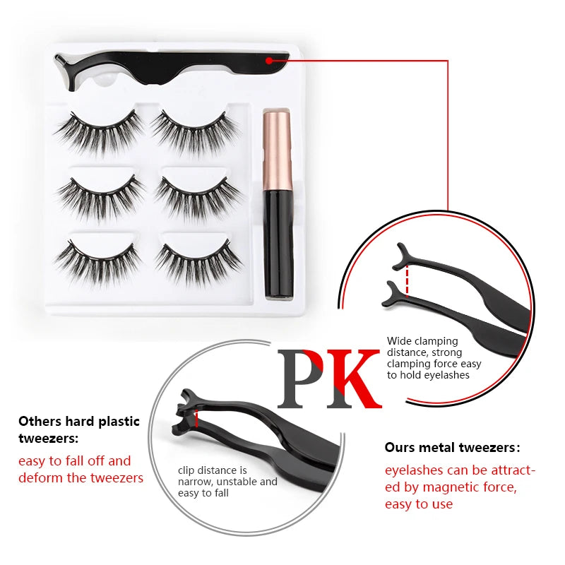 Magnetic Eyelashes 3D Mink Eyelashes Makeup Magnetic Lashes Eyeliner Tweezers Set Natural False Lashes Short Faux Cils