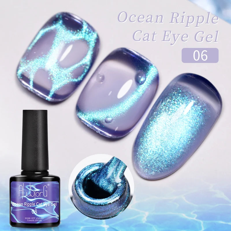 AWStorG 1-6pcs 7.5ml  Ocean Ripple Cat Eye Gel Nail Polish Aurora Flash Blue  Nude Glitter Color Magnet Nail Art Gel Salon Nails