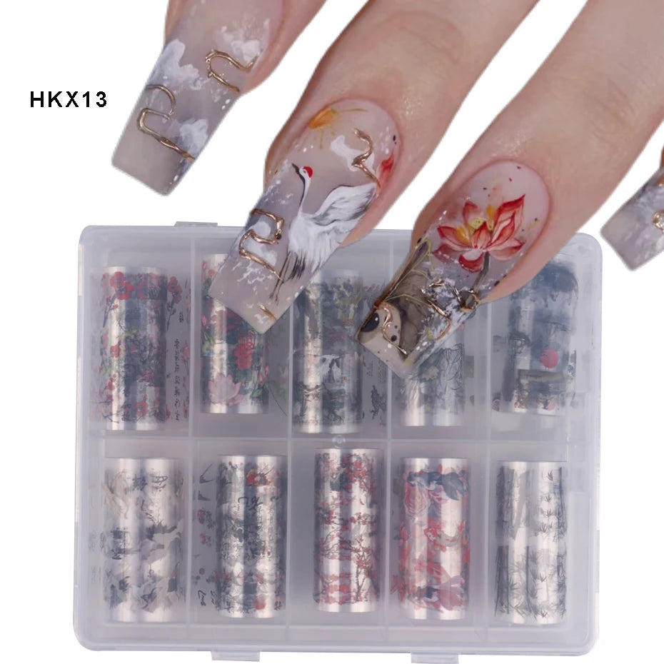 10pcs Nail Foils Chinese Character Crane Bamboo Fish Flower Plum Sticker Slider Transfer Adhesive Gel Polish Nail Decoration
