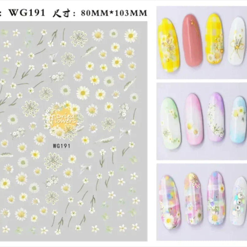 3d Nail Art Stickers Spring Summer White Daisy Florals Flowers Leaves Fruits Decals For Nails Decoration Manicure Salon Beauty