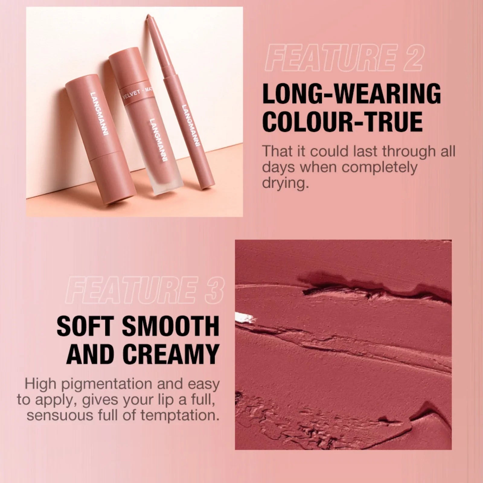 3pcs/Set Long Lasting Waterproof Lip Makeup Kit - Soft Smooth Creamy Lipliner Lipstick & Liquid Velvet Lipstick Set
