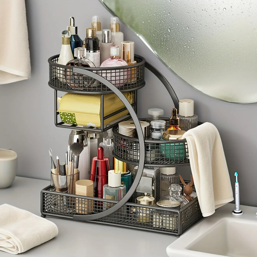 27-Inch 3-Tier Cast Iron Makeup Organizer, Bathroom Vanity Countertop Shelf, No-Assembly Wire Mesh Sturdy Space-Saving