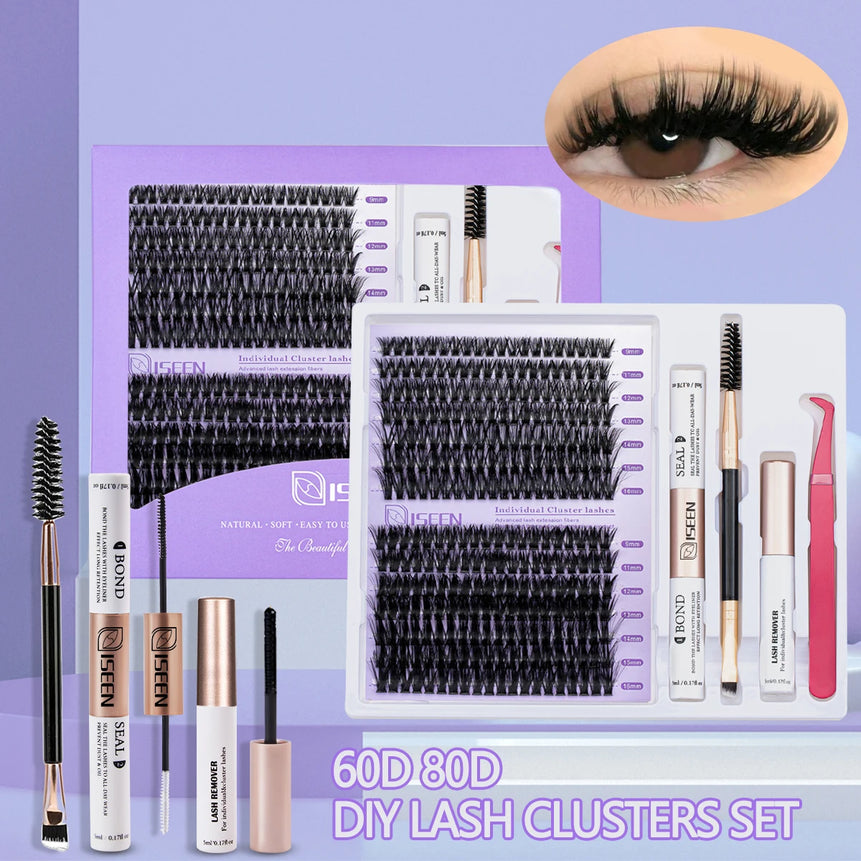 ISEEN DIY Lash Extension Mix Styles Lash Clusters Individual with Bond&Seal Remover Tweezers Lash Brush for Self Application
