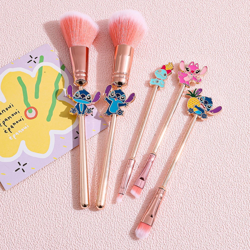 NEW 5PCS Disney Stitch Makeup Brush Set - Soft Fluffy Foundation Blush Cute Cosmetic Tools With Pouch Perfect Christmas Gift