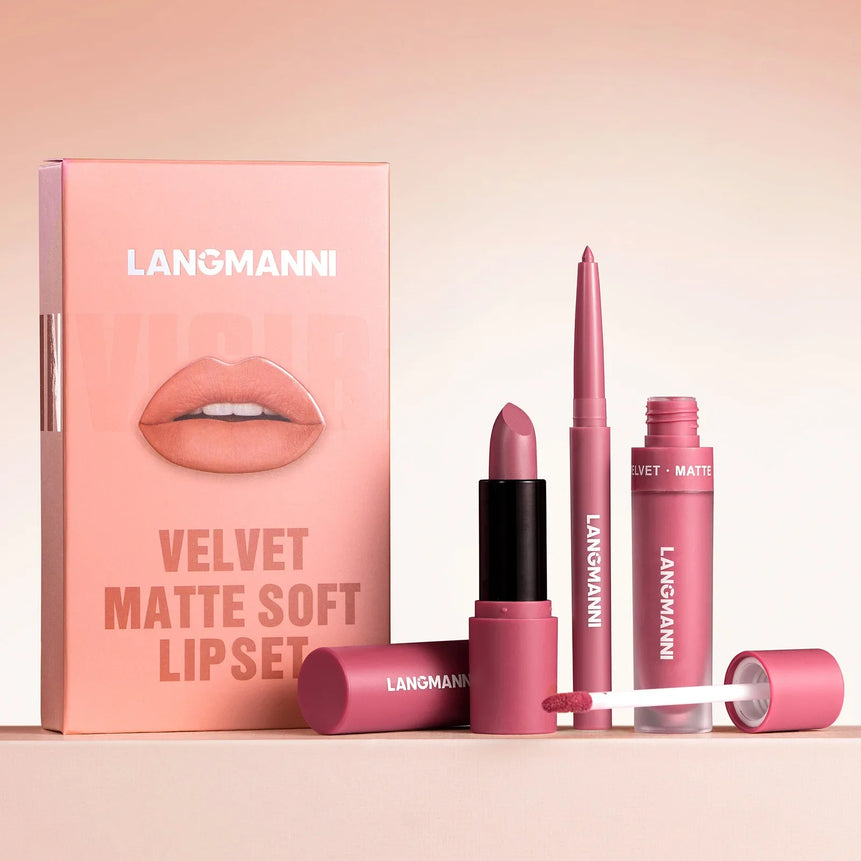 3pcs/Set Long Lasting Waterproof Lip Makeup Kit - Soft Smooth Creamy Lipliner Lipstick & Liquid Velvet Lipstick Set