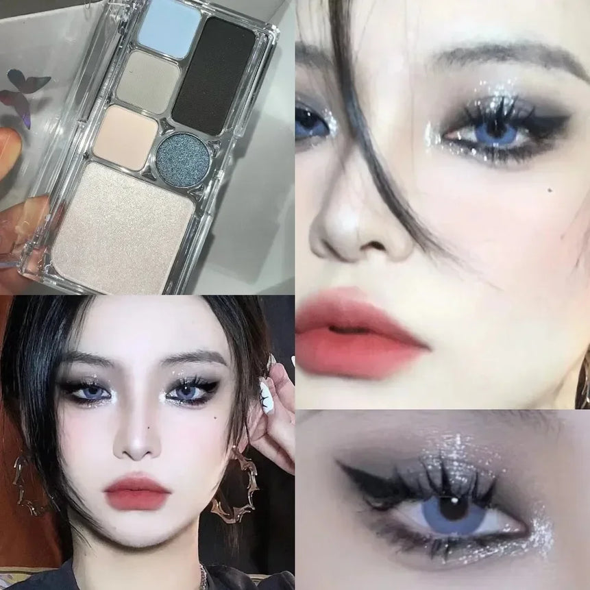 6 Colors Eye Shadow Palette Punk Smoky Black Glitter Pearly Eyeshadow Palette Korean Shiny Blue Eyeshadow Contour Blush Makeup