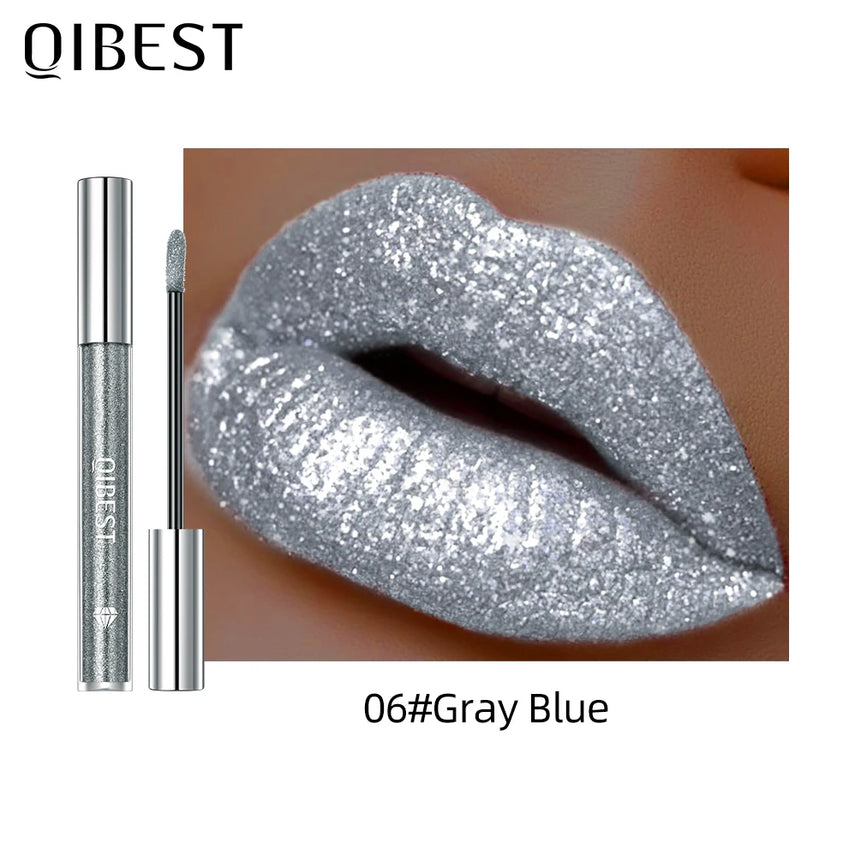 QIBEST 6 Colors Metallic Glitter Diamond Liquid Lipstick Waterproof Long Lasting Pearl Shiny Lip Gloss Charming Women Lip Makeup