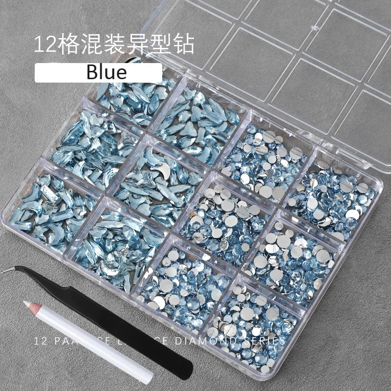 12Grids(400-500pc) 3D White Flat-Back Nail Art Rhinestones Irregular Resin Gems Nail Jewels for Face Eye Makeup Nail Decorations
