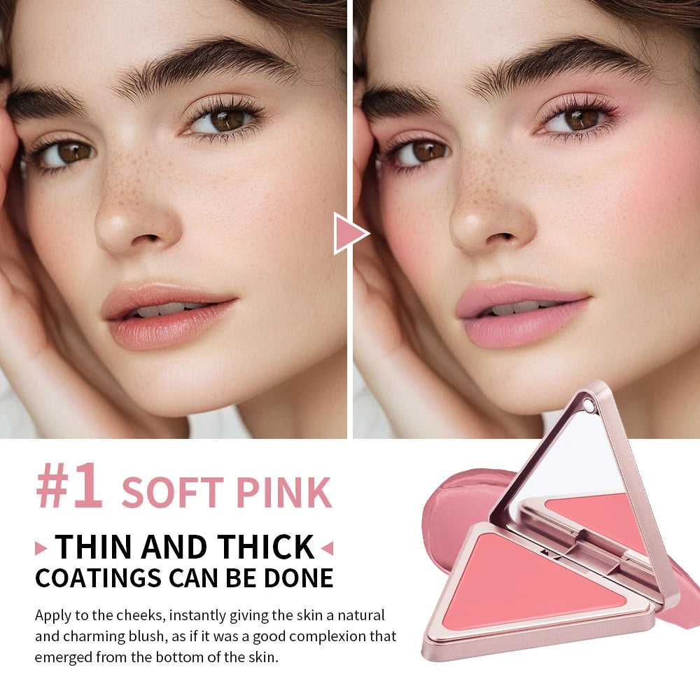 Lakerain Matte Cream Blusher Long-lasting Natural Makeup Triangle Box Design Oil-Resistant High Pigment Cream Blush Plate