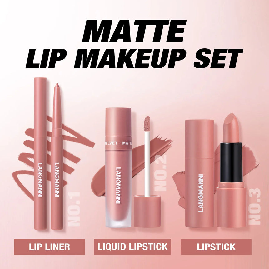 3pcs/Set Long Lasting Waterproof Lip Makeup Kit - Soft Smooth Creamy Lipliner Lipstick & Liquid Velvet Lipstick Set