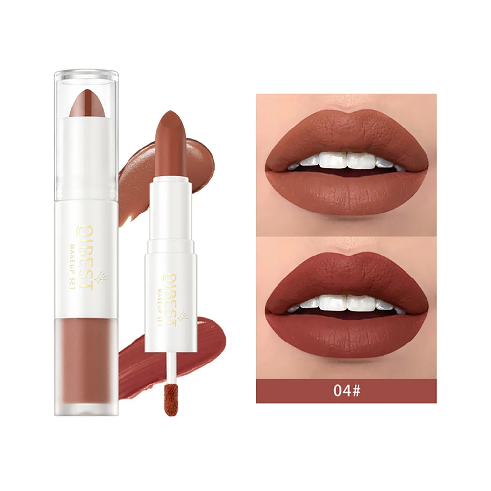 QIBEST 10 Colors 2 in 1 Matte Lipstick Lip Gloss Cosmetics Waterproof Double Head Red Purple Lipstick Long Lasting  Lips Makeup