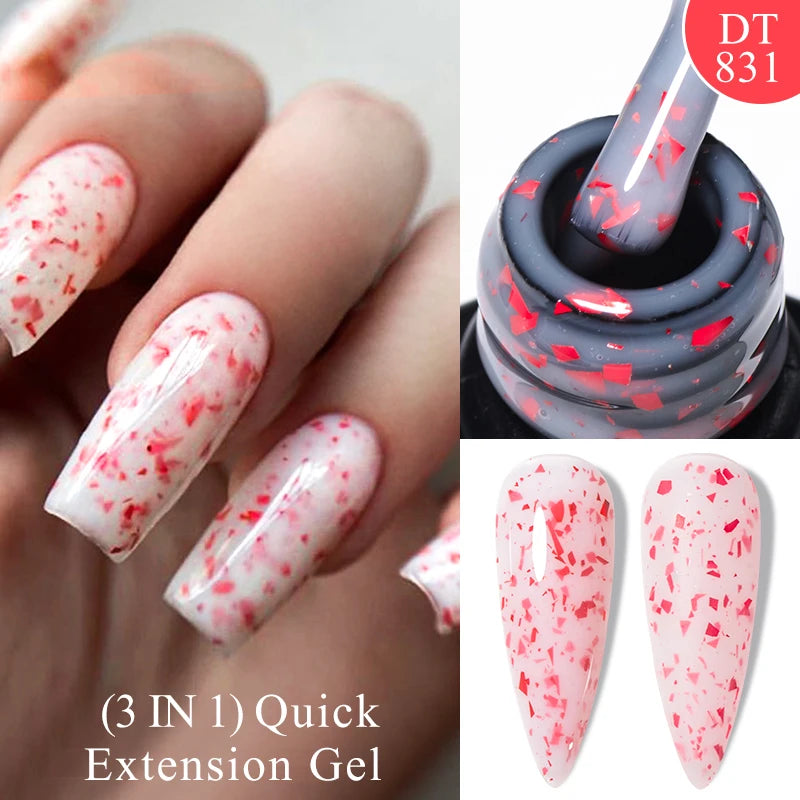 MEET ACROSS 7ml Gold Foil 3 In 1Quick Extension Gel Nail Polish Nude Pink Gold Milky White Glitter UV Gel Finger Prolong Varnish