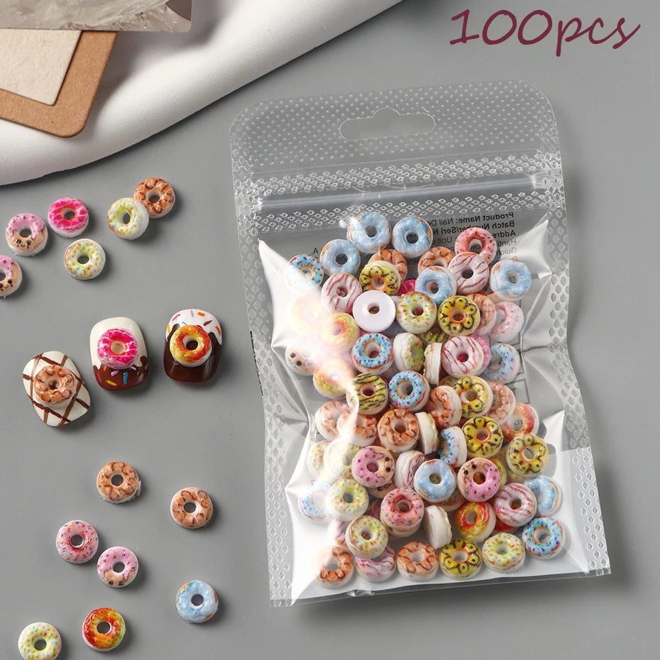 50/100pcs Donut Nail Charms Flatback Decorations - Colorful Rhinestone Sprinkles & Cream Nail Art DIY Beads Cute Gems Nail Art