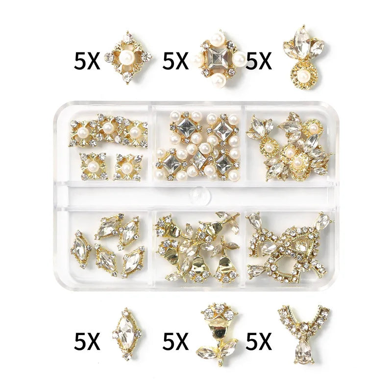 30Pcs Pink Nail Charms Alloy Rhinestones 3D Star Butterfly Heart Cross Gem Nails Crystal Diamond Nail Art Decoration Accessories