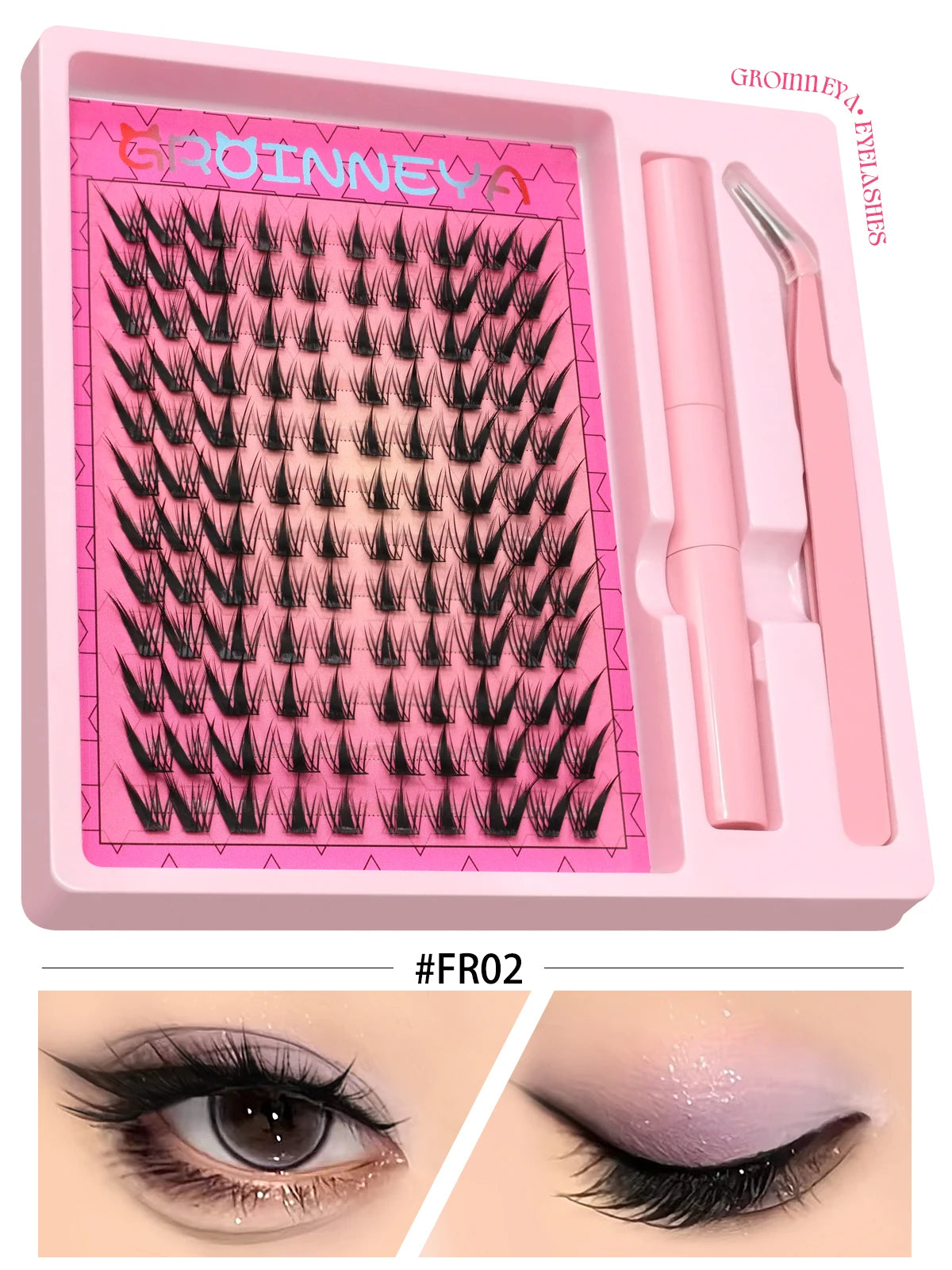 GROINNEYA Manga Lash Clusters Kit Cat Lashes with Lash Bond & Seal Cluster Eyelash Extensions Eyelash Clusters Kit DIY Lashes