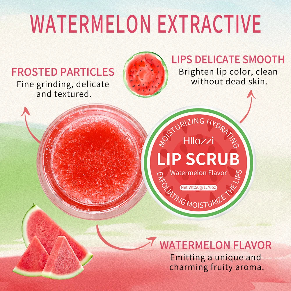 Hllozzi 50g lip scrub jojoba oil vitamin C hydrating moisturizing mild non-irritating watermelon, coconut, apple