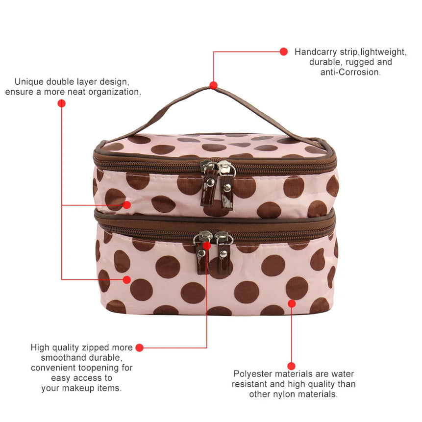 Women'S Travel Cosmetic Makeup Bag Organizer Double Layer Dot Pattern Toiletry Bag Case Pouch With Mirror For Woman