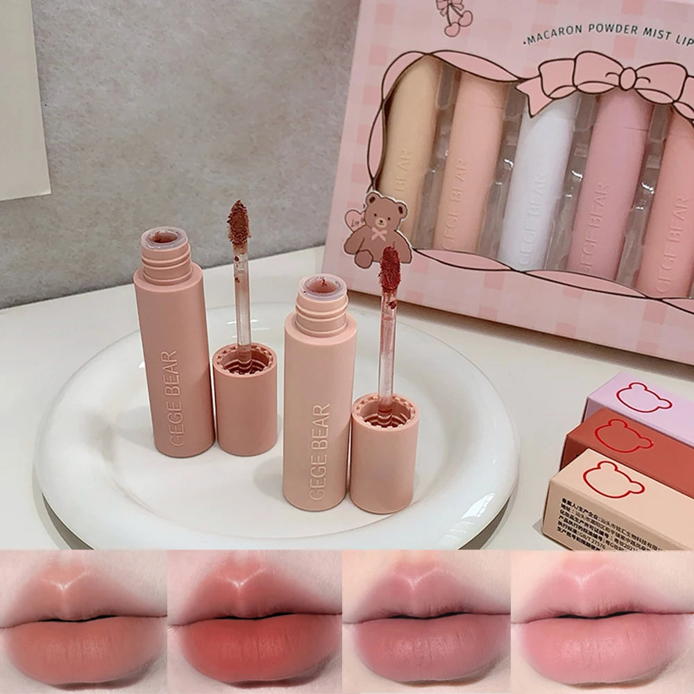 Dark Brown Matte Velvet Lip Mud Gloss Gege Bear Dark lipstick Non-stick Cup Lasting Nude Brown Lips Tint for Fall&Winter