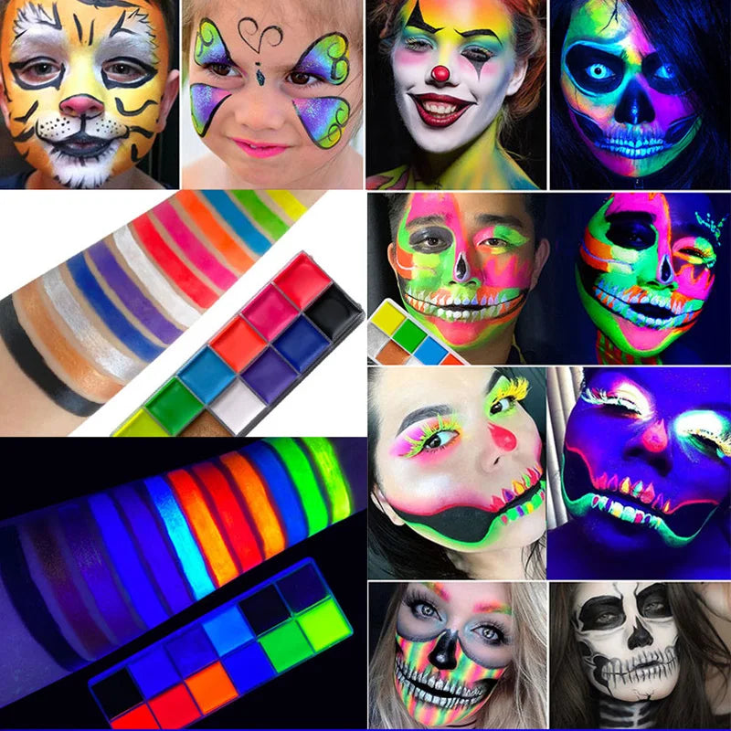 12 Cores UV Glow Paint Fluorescent Neon Oil Face Body Cosmetic Palette for Halloween Party Paint Fancy Dress Kid Cosplay Makeup