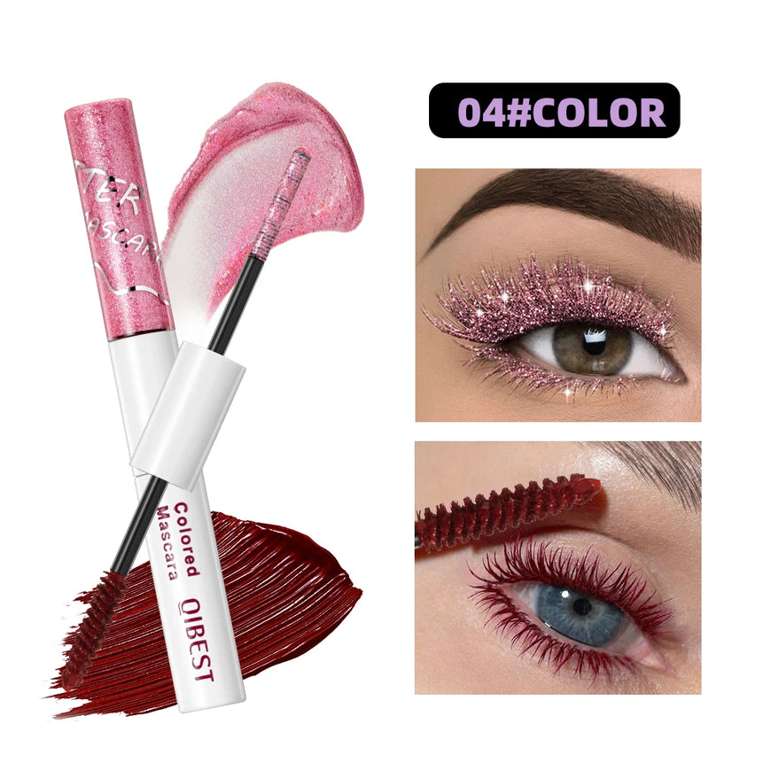 QIBEST Double Head Diamond Glitter Mascara Lasting Colored Mascara Eyelashes Pink Blue Green Red Brown Voluminous Mascara Rimel