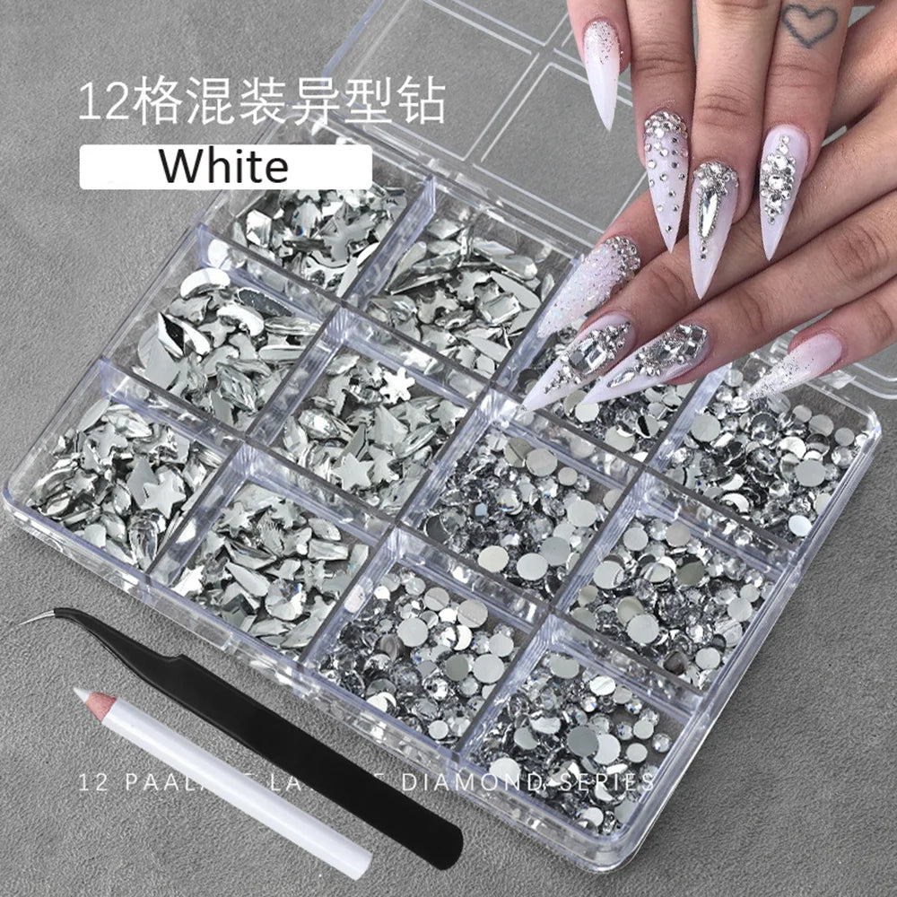 12Grids(400-500pc) 3D White Flat-Back Nail Art Rhinestones Irregular Resin Gems Nail Jewels for Face Eye Makeup Nail Decorations