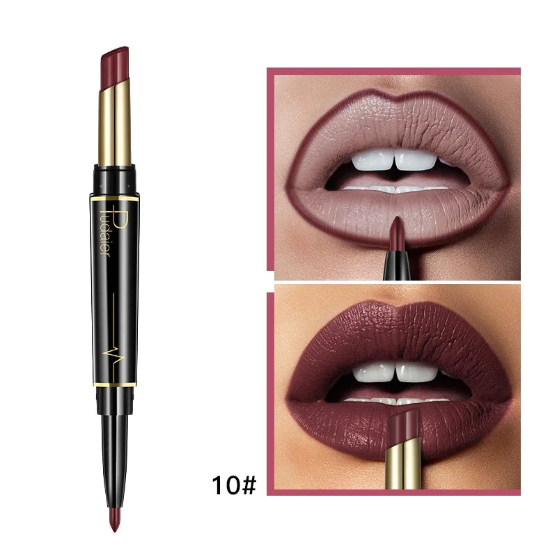 2 in 1 Lipstick and Lip Liner Pen, Matte Waterproof Long Lasting Lip Makeup Tool, Non-Fading Smooth Velvet Finish